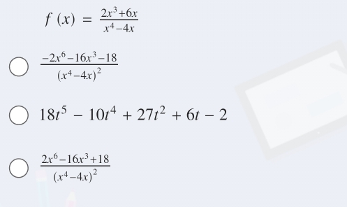 f(x)= (2x^3+6x)/x^4-4x 
frac -2x^6-16x^3-18(x^4-4x)^2
18t^5-10t^4+27t^2+6t-2
frac 2x^6-16x^3+18(x^4-4x)^2