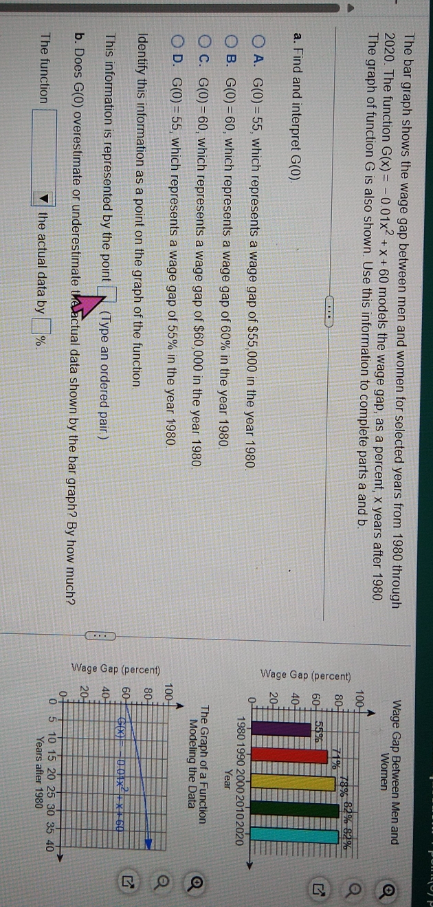 The bar graph shows the wage gap between men and women for selected years from 1980 through Wage Gap Between Men and
2020. The function G(x)=-0.01x^2+x+60 models the wage gap, as a percent, x years after 1980. Women
The graph of function G is also shown. Use this information to complete parts a and b.
§
a. Find and interpret G(0)
A. G(0)=55 , which represents a wage gap of $55,000 in the year 1980
B. G(0)=60 , which represents a wage gap of 60% in the year 1980.
ear
The Graph of a Function
C. G(0)=60 , which represents a wage gap of $60,000 in the year 1980. Modeling the Data Q
D. G(0)=55 , which represents a wage gap of 55% in the year 1980 
Q
Identify this information as a point on the graph of the function.
This information is represented by the point (Type an ordered pair.)
b. Does G(0 0) overestimate or underestimate the actual data shown by the bar graph? By how much?
§
The function □ the actual data by □ % .
Years after 1980