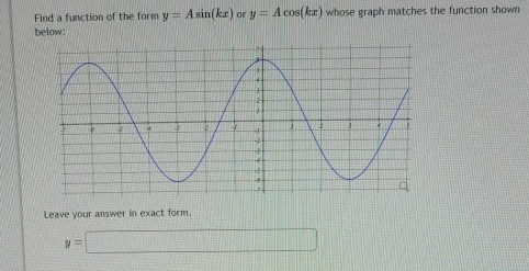 Find a function of the form y=Asin (kx) or y=Acos (kx) whose graph matches the function shown 
below: 
Leave your answer in exact form.
y=□