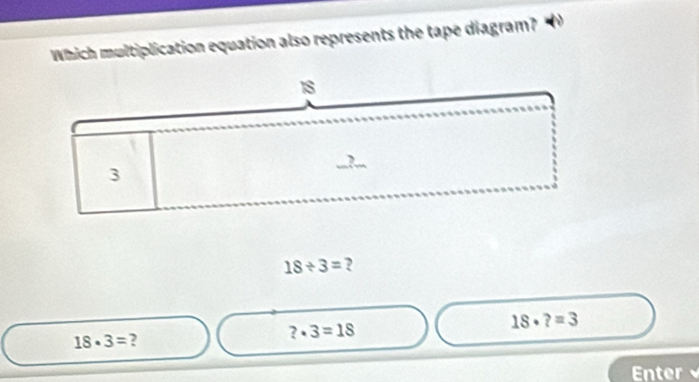 Which multiplication equation also represents the tape diagram?
18/ 3= ?
18· ?=3
18· 3= ?
?· 3=18