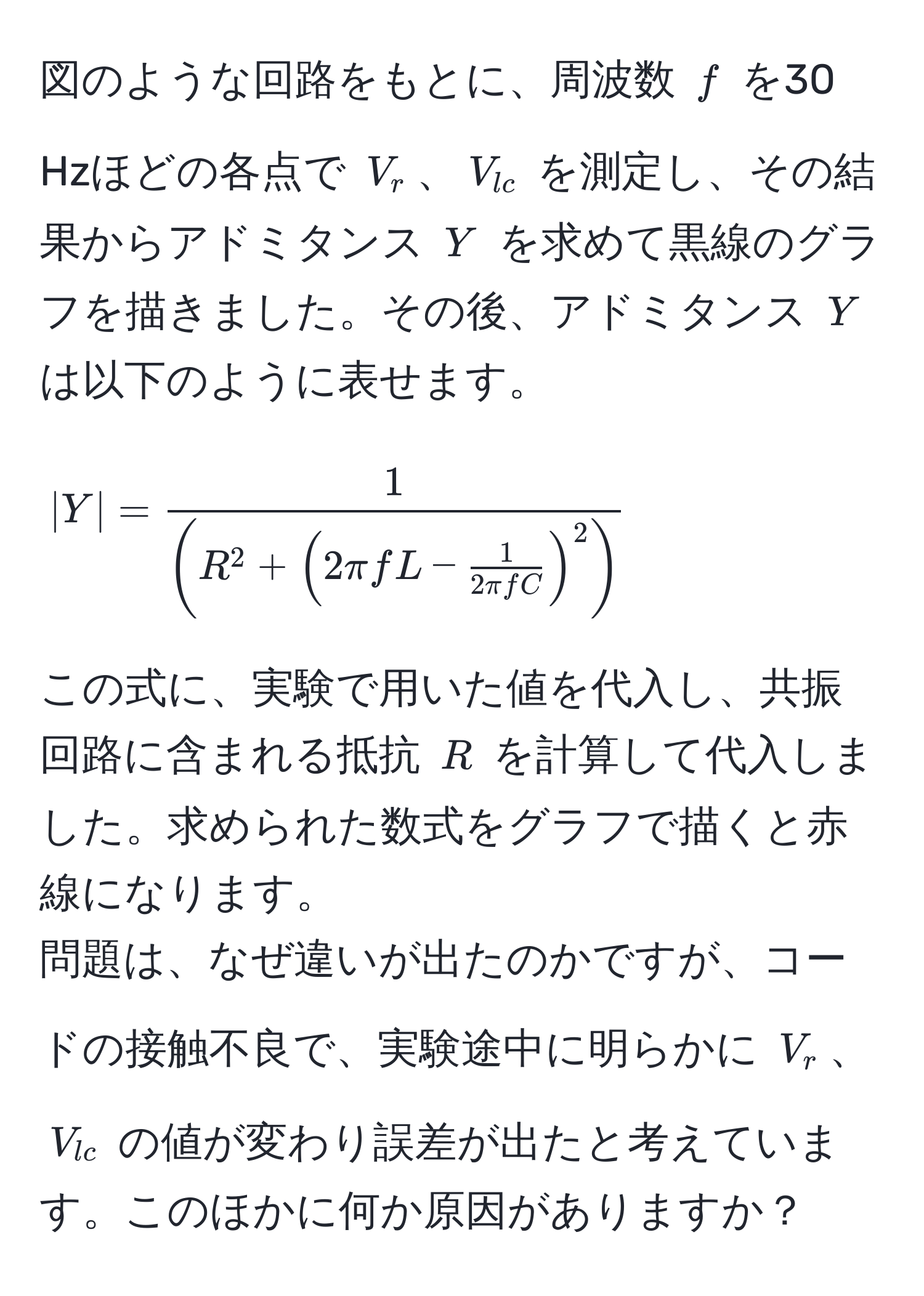 図のような回路をもとに、周波数 ( f ) を30 Hzほどの各点で ( V_r )、( V_lc ) を測定し、その結果からアドミタンス ( Y ) を求めて黒線のグラフを描きました。その後、アドミタンス ( Y ) は以下のように表せます。  
[
|Y| = frac1(R^(2 + (2π f L - frac1)2π f C)^2)
]  
この式に、実験で用いた値を代入し、共振回路に含まれる抵抗 ( R ) を計算して代入しました。求められた数式をグラフで描くと赤線になります。  
問題は、なぜ違いが出たのかですが、コードの接触不良で、実験途中に明らかに ( V_r )、( V_lc ) の値が変わり誤差が出たと考えています。このほかに何か原因がありますか？