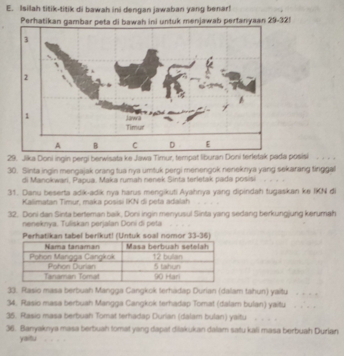 Isilah titik-titik di bawah ini dengan jawaban yang benar! 
Perhatikan gambar peta di bawah ini untuk menjawab pertanyaan 29 - 32! 
29. Jika Doni ingin pergi berwisata ke Jawa Timur, tempat liburan Doni terletak pada posisi .. . . 
30. Sinta ingin mengajak orang tua nya umtuk pergi menengok neneknya yang sekarang tinggal 
di Manokwari, Papua. Maka rumah nenek Sinta terletak pada posisi 
31. Danu beserta adik-adik nya harus mengikuti Ayahnya yang dipindah tugaskan ke IKN di 
Kalimatan Timur, maka posisi IKN di peta adalah 
32. Doni dan Sinta berteman baik, Doni ingin menyusul Sinta yang sedang berkungjung kerumah 
neneknya. Tuliskan perjalan Doni di peta 
Perhatikan tabel berikut! (Untuk soal nomor 33-36) 
33. Rasio masa berbuah Mangga Cangkok terhadap Durian (dalam tahun) yaitu … 
34. Rasio masa berbuah Mangga Cangkok terhadap Tomat (dalam bulan) yaitu . , . 
35. Rasio masa berbuah Tomat terhadap Durian (dalam bulan) yaitu . . . . 
36. Banyaknya masa berbuah tomat yang dapat dilakukan dalam satu kali masa berbuah Durian 
yaitu