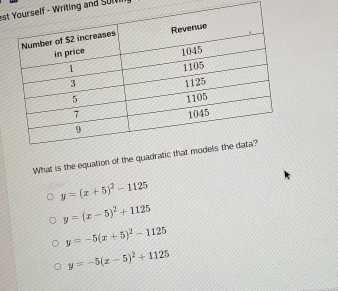 esWriting and So 
What is the equation of the qu
y=(x+5)^2-1125
y=(x-5)^2+1125
y=-5(x+5)^2-1125
y=-5(x-5)^2+1125