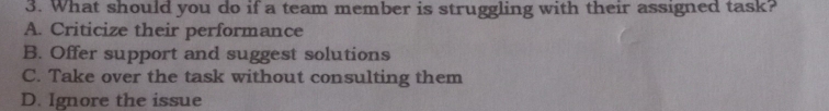 What should you do if a team member is struggling with their assigned task?
A. Criticize their performance
B. Offer support and suggest solutions
C. Take over the task without consulting them
D. Ignore the issue