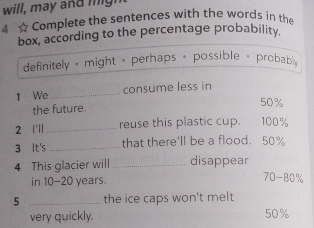 will, may and migh
4 ☆ Complete the sentences with the words in the
box, according to the percentage probability.
definitely + might - perhaps + possible = probably
1 We _consume less in
the future.
50%
2 I'll _reuse this plastic cup. 100%
3 It's _that there’ll be a flood. 50%
4 This glacier will _disappear
in 10 - 20 years.
70-80%
5 _the ice caps won’t melt
very quickly. 50%