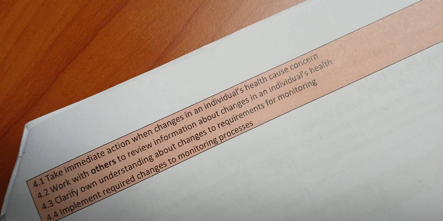 Take immediate action when changes in an individual’s health cause conce 
Work with others to review information about changes in an individual’s hea 
Clarify own understanding about changes to requirements for monitor 
4 Implement required changes to monitoring process