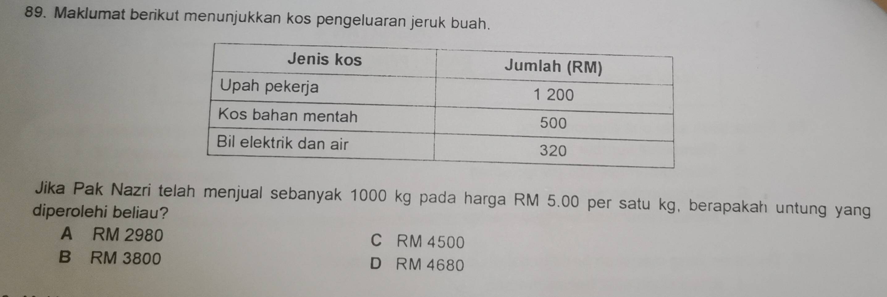 Maklumat berikut menunjukkan kos pengeluaran jeruk buah.
Jika Pak Nazri telah menjual sebanyak 1000 kg pada harga RM 5.00 per satu kg, berapakah untung yang
diperolehi beliau?
A RM 2980 C RM 4500
B RM 3800 D RM 4680