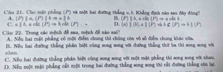 Cho mặt phẳng (P) và một hai đường thẳng a, b. Khẳng định nào sau đây đúng?
A. (P)||a,(P)||bRightarrow a||b. B. (P)parallel b, achat at(P)Rightarrow achat atb.
C. aparallel b ,acit(P)Rightarrow b c it(P). D. (a)parallel (b), aparallel (P)vab∉ (P)Rightarrow bparallel (P). 
Câu 22. Trong các mệnh đề sau, mệnh đề nào sai?
A. Nếu hai mặt phẳng có một điểm chung thì chúng còn vô số điểm chung khác nữa.
B. Nếu hai đường thẳng phân biệt cùng song song với đường thẳng thứ ba thì song song với
nhau.
C. Nếu hai đường thẳng phân biệt cùng song song với một mặt phẳng thì song song với nhau.
D. Nếu một mặt phẳng cất một trong hai đường thẳng song song thì cất đường thẳng còn lại.