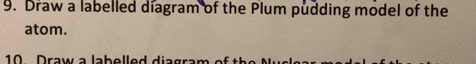 Draw a labelled diagram of the Plum pudding model of the 
atom. 
10 Draw a labelled diagram