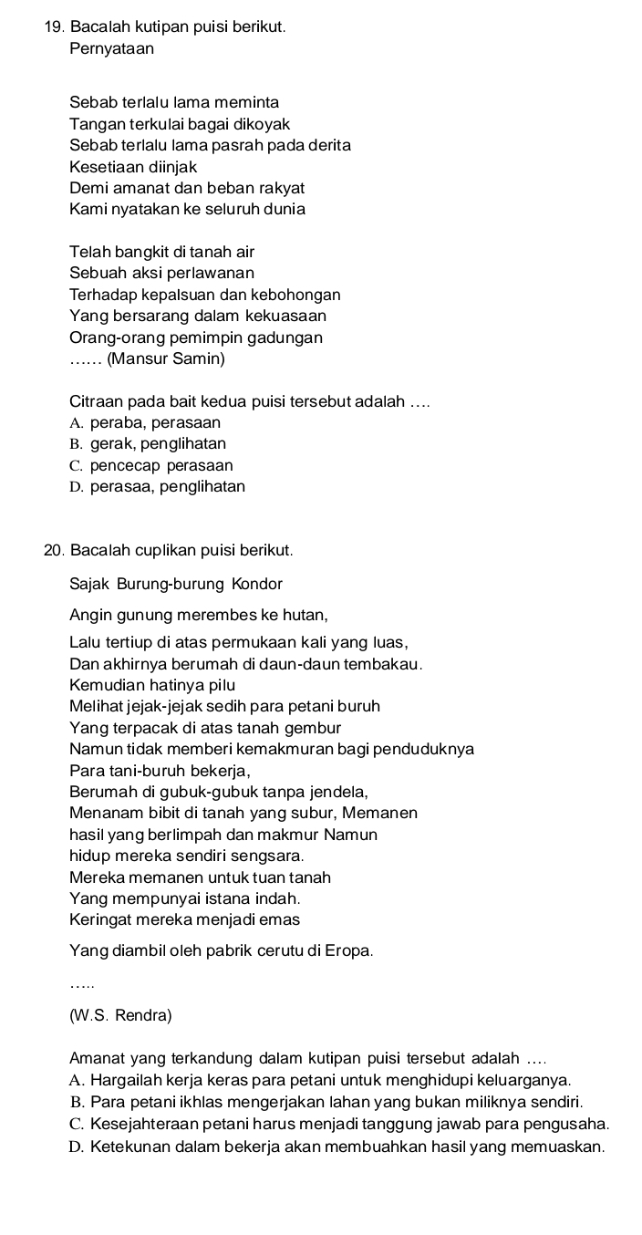 Bacalah kutipan puisi berikut.
Pernyataan
Sebab terlalu lama meminta
Tangan terkulai bagai dikoyak
Sebab terlalu lama pasrah pada derita
Kesetiaan diinjak
Demi amanat dan beban rakyat
Kami nyatakan ke seluruh dunia
Telah bangkit di tanah air
Sebuah aksi perlawanan
Terhadap kepalsuan dan kebohongan
Yang bersarang dalam kekuasaan
Orang-orang pemimpin gadungan
(Mansur Samin)
Citraan pada bait kedua puisi tersebut adalah ....
A. peraba, perasaan
B. gerak, penglihatan
C. pencecap perasaan
D. perasaa, penglihatan
20. Bacalah cuplikan puisi berikut.
Sajak Burung-burung Kondor
Angin gunung merembes ke hutan,
Lalu tertiup di atas permukaan kali yang luas,
Dan akhirnya berumah di daun-daun tembakau.
Kemudian hatinya pilu
Melihat jejak-jejak sedih para petani buruh
Yang terpacak di atas tanah gembur
Namun tidak memberi kemakmuran bagi penduduknya
Para tani-buruh bekerja,
Berumah di gubuk-gubuk tanpa jendela,
Menanam bibit di tanah yang subur, Memanen
hasil yang berlimpah dan makmur Namun
hidup mereka sendiri sengsara.
Mereka memanen untuk tuan tanah
Yang mempunyai istana indah.
Keringat mereka menjadi emas
Yang diambil oleh pabrik cerutu di Eropa.
(W.S. Rendra)
Amanat yang terkandung dalam kutipan puisi tersebut adalah ....
A. Hargailah kerja keras para petani untuk menghidupi keluarganya.
B. Para petani ikhlas mengerjakan lahan yang bukan miliknya sendiri.
C. Kesejahteraan petani harus menjadi tanggung jawab para pengusaha.
D. Ketekunan dalam bekerja akan membuahkan hasil yang memuaskan.