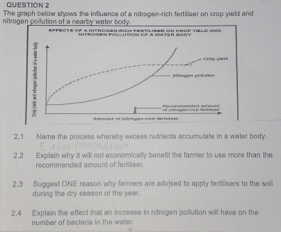 The graph below shows the influence of a nitrogen-rich fertiliser on crop yield and 
nitrogen pollution of a nearby water body. 
Epfects of a Nitrogen-Rich fertiliser on crop Yield and 
NITROGEN FOllutioN oF a Water BOdy 
Crop yield 
3 itogen pollution 
of ntrogen-rich terlilser Recoenendet aount 
Amount of nitrogen-rish fertillser 
2.1 Name the process whereby excess nutrients accumulate in a water body. 
2.2 Explain why it will not economically benefit the farmer to use more than the 
recommended amount of fertiliser. 
2.3 Suggest ONE reason why farmers are advised to apply fertilisers to the sol 
during the dry season of the year. 
2.4 Explain the effect that an increase in nitrogen pollution will have on the 
number of bacteria in the water.