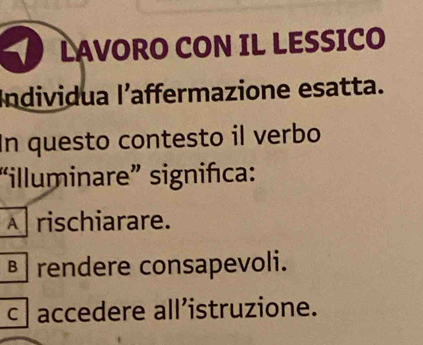 LAVORO CON IL LESSICO
Individua l’affermazione esatta.
In questo contesto il verbo
“illuminare” signifıca:
A rischiarare.
rendere consapevoli.
c accedere all’istruzione.