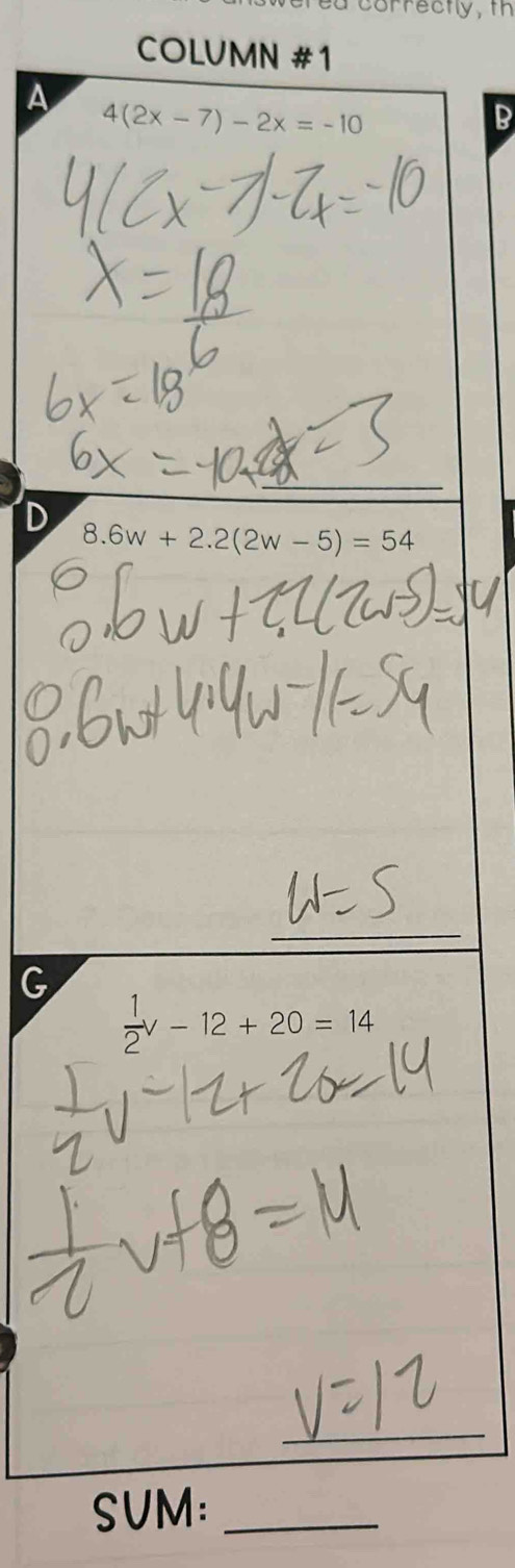 a correctly, th
COLUMN #1
A
B
D
G
SUM：_