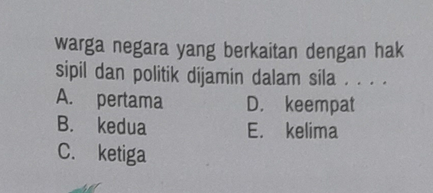 warga negara yang berkaitan dengan hak
sipil dan politik dijamin dalam sila . . . .
A. pertama D. keempat
B. kedua
E. kelima
C. ketiga