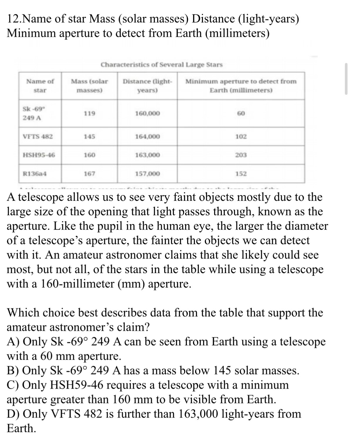 Name of star Mass (solar masses) Distance (light-years)
Minimum aperture to detect from Earth (millimeters)
Charac
A telescope allows us to see very faint objects mostly due to the
large size of the opening that light passes through, known as the
aperture. Like the pupil in the human eye, the larger the diameter
of a telescope’s aperture, the fainter the objects we can detect
with it. An amateur astronomer claims that she likely could see
most, but not all, of the stars in the table while using a telescope
with a 160-millimeter (mm) aperture.
Which choice best describes data from the table that support the
amateur astronomer’s claim?
A) Only Sk -69° 2 4° 9 A can be seen from Earth using a telescope
with a 60 mm aperture.
B) Only Sk -69° 249 A has a mass below 145 solar masses.
C) Only HSH59-46 requires a telescope with a minimum
aperture greater than 160 mm to be visible from Earth.
D) Only VFTS 482 is further than 163,000 light-years from
Earth.