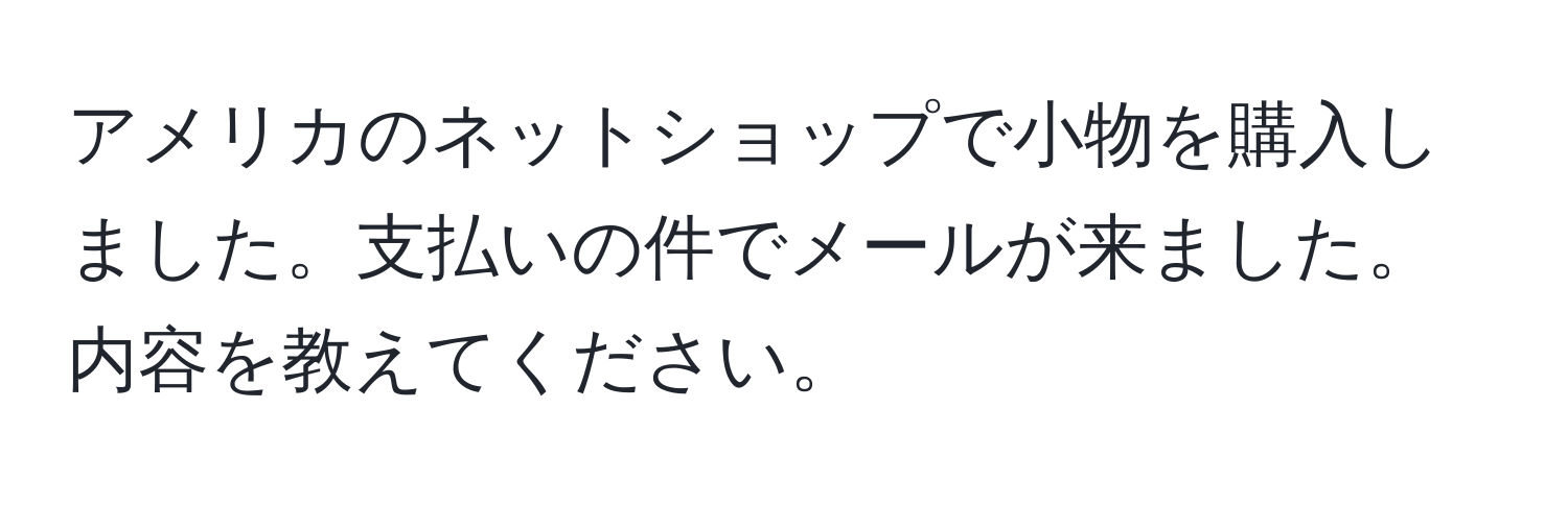 アメリカのネットショップで小物を購入しました。支払いの件でメールが来ました。内容を教えてください。