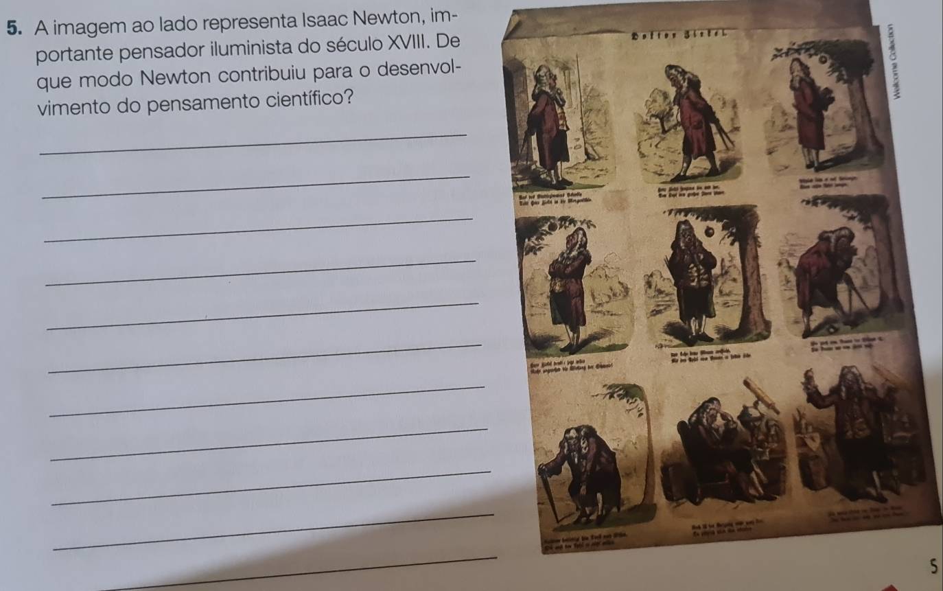 A imagem ao lado representa Isaac Newton, im- 
portante pensador iluminista do século XVIII. De 
que modo Newton contribuiu para o desenvol- 
vimento do pensamento científico? 
_ 
_ 
_ 
_ 
_ 
_ 
_ 
_ 
_ 
_ 
_ 
5