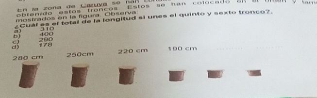 En la zona de Caruya se na n c n 
obtenido estos troncos. Estos se han colocado en el groen y tam
mostrados en la figura. Observa:
¿Cual es el total de la longitud si unes el quinto y sexto tronco?.
a) 310
b) 400
c) 290
d) 178
280 cm 250cm 220 cm 190 cm