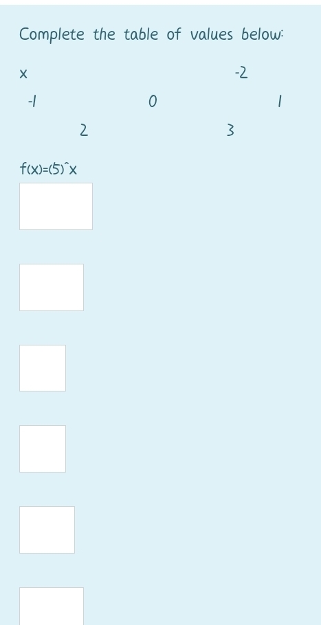 Complete the table of values below:
f(x)=(5)^wedge x