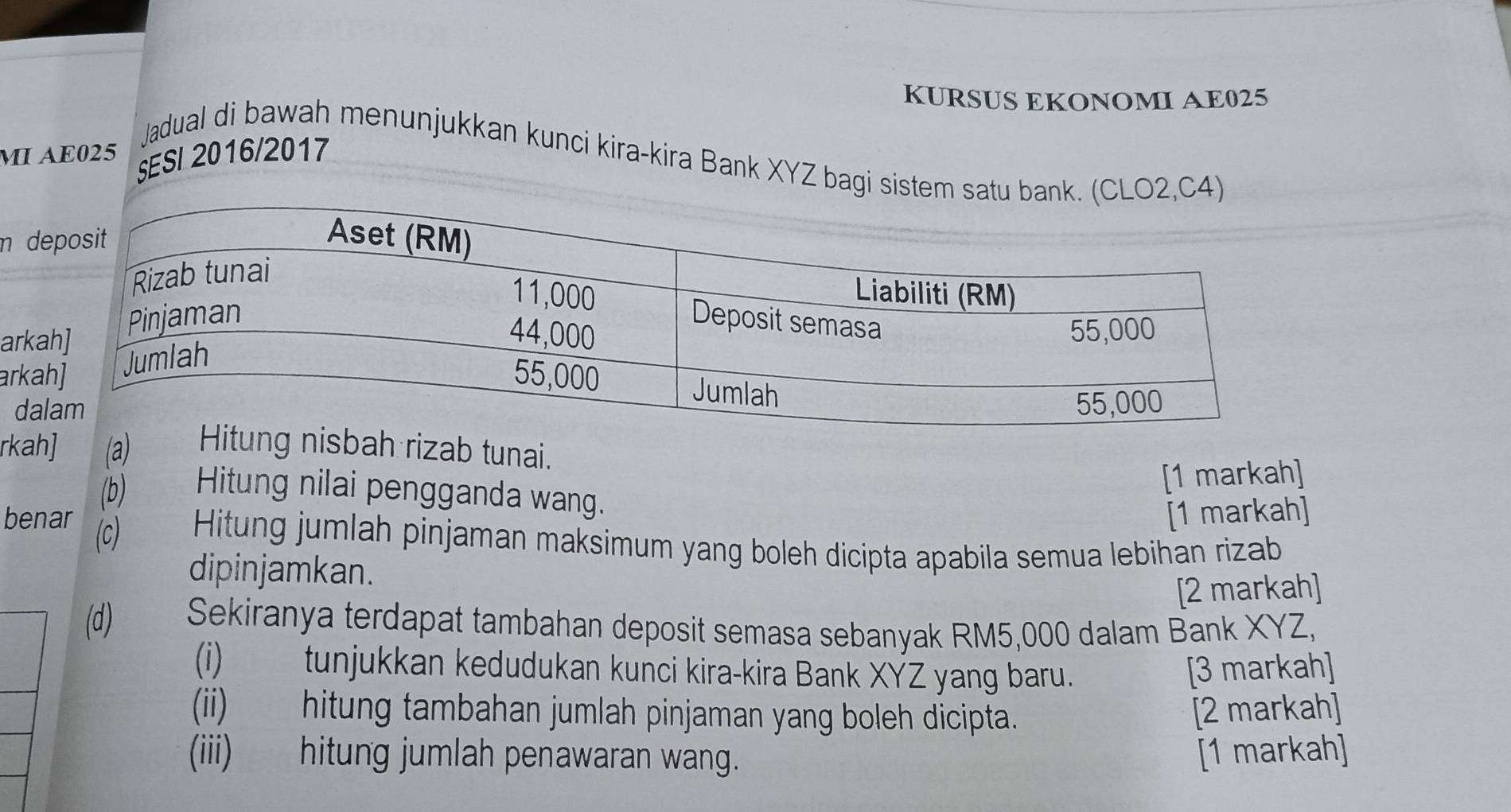 KURSUS EKONOMI AE025 
MI AE025 §SI 2016/2017 
Jadual di bawah menunjukkan kunci kira-kira Bank XYZ bagi sistem ,C4) 
n d 
arka 
arka 
da 
rkah] (a) rizab tunai. 
[1 markah] 
(b) Hitung nilai pengganda wang. 
[1 markah] 
benar (C) Hitung jumlah pinjaman maksimum yang boleh dicipta apabila semua lebihan rizab 
dipinjamkan. 
[2 markah] 
(d) Sekiranya terdapat tambahan deposit semasa sebanyak RM5,000 dalam Bank XYZ, 
(i) tunjukkan kedudukan kunci kira-kira Bank XYZ yang baru. [3 markah] 
(ii) hitung tambahan jumlah pinjaman yang boleh dicipta. [2 markah] 
(iii) hitung jumlah penawaran wang. [1 markah]