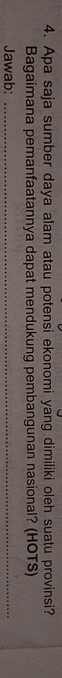 Apa saja sumber daya alam atau potensi ekonomi yang dimiliki oleh suatu provinsi? 
Bagaimana pemanfaatannya dapat mendukung pembangunan nasional? (HOTS) 
Jawab:_