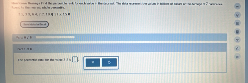 Hurricane Damage Find the percentile rank for each value in the data set. The data represent the values in billions of dollars of the damage of 7 hurricanes. 
Round to the nearest whole percentile.
0
2.5, 3.9, 6.4, 7.7, 10.Q11.7 15.0
Send data to Excel 
Part: 0 / 8 
Part 1 of 8 a 
The percentile rank for the value 2 .5 is □ . × 5