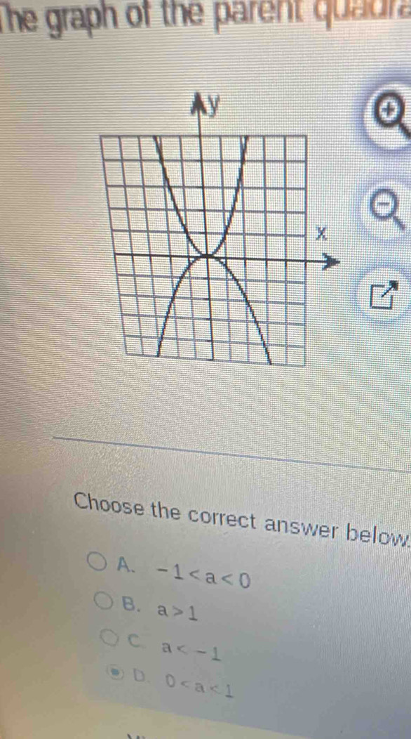 The graph of the parent quadra
Choose the correct answer below
A. -1
B. a>1
C a
D. 0