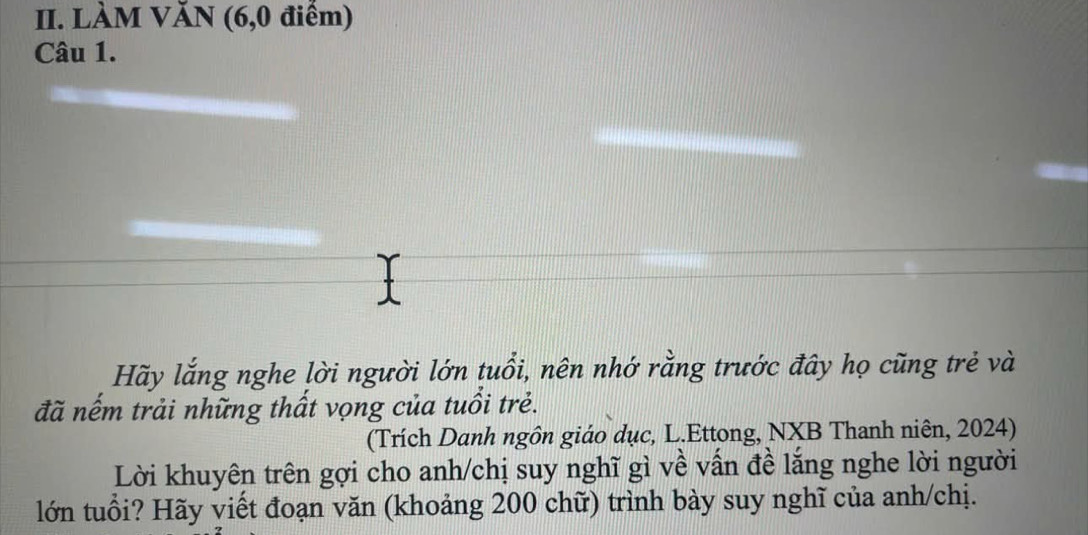 LÀM VĂN (6, 0 điểm) 
Câu 1. 
Hãy lắng nghe lời người lớn tuổi, nên nhớ rằng trước đây họ cũng trẻ và 
đã nếm trải những thất vọng của tuổi trẻ. 
(Trích Danh ngôn giáo dục, L.Ettong, NXB Thanh niên, 2024) 
Lời khuyên trên gợi cho anh/chị suy nghĩ gì về vấn đề lắng nghe lời người 
lớn tuổi? Hãy viết đoạn văn (khoảng 200 chữ) trình bày suy nghĩ của anh/chị.