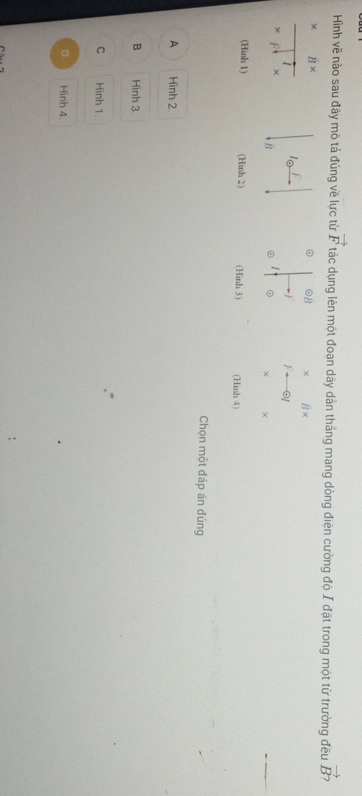 Hình vẽ nào sau đây mô tả đúng về lực từ vector F tác dụng lên một đoạn dây dẫn thẳng mang dòng điện cường độ I đặt trong một từ trường đều vector B? 
× vector B*
OB
× B×
|
1o
01
× ×
B
I 。
× ×
(Hinh 1) (Hình 2) (Hinh 4)
(Hinh 3)
Chọn một đáp án đúng
A Hình 2
B Hình 3
C Hình 1
D Hình 4