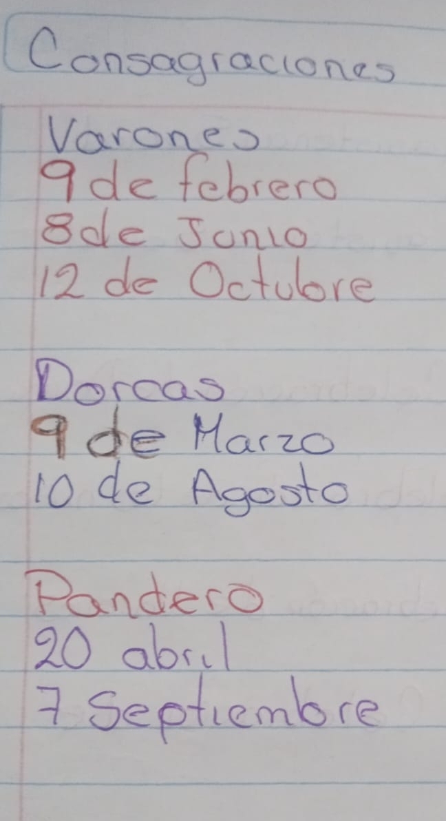 Consagraclones 
Varones 
9de febrero 
Bde Jonto
12 de Octulore 
Dorcas 
gde Marzo
10 de Agosto 
Pandero
20 abrul
7 Septiembre