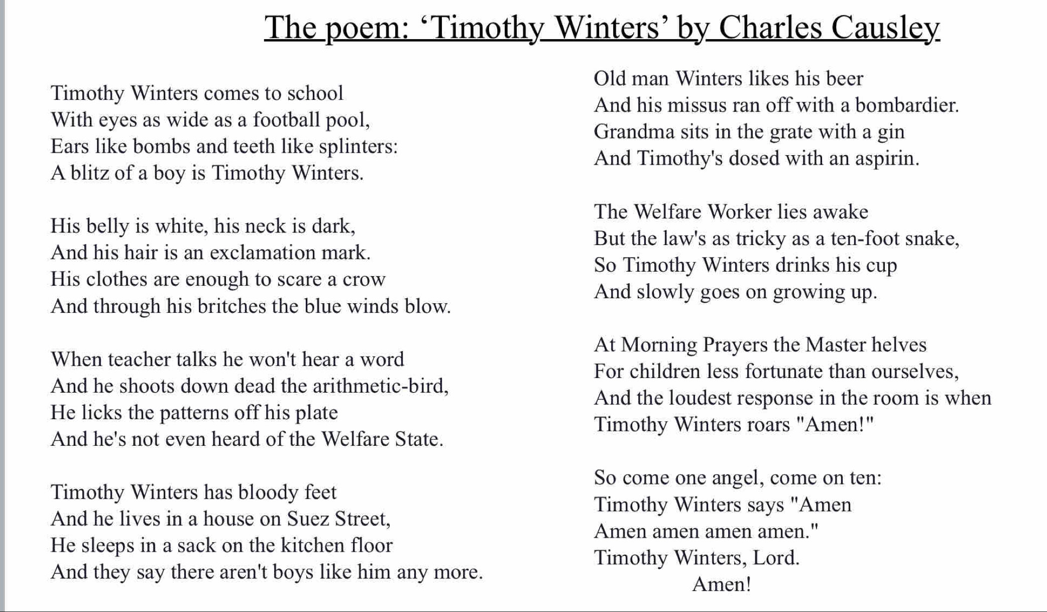 Solved: The poem: ‘Timothy Winters’ by Charles Causley Old man Winters ...