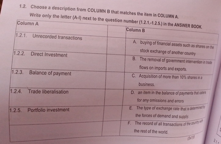 Choose a description from COLUMN B that matches the item in COLU 
Write onl 
(5x1)