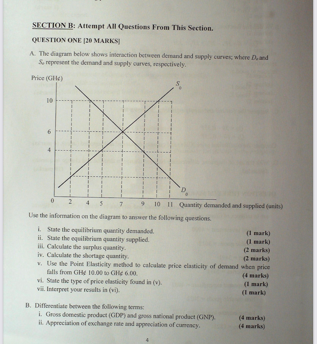 Attempt All Questions From This Section.
QUESTION ONE [20 MARKS]
A. The diagram below shows interaction between demand and supply curves; where D_o and
S represent the demand and supply curves, respectively.
Price (GH¢)
nded and supplied (units)
Use the information on the diagram to answer the following questions.
i. State the equilibrium quantity demanded. (1 mark)
ii. State the equilibrium quantity supplied.
(1 mark)
iii. Calculate the surplus quantity. (2 marks)
iv. Calculate the shortage quantity. (2 marks)
v. Use the Point Elasticity method to calculate price elasticity of demand when price
falls from GH¢ 10.00 to GH¢ 6.00. (4 marks)
vi. State the type of price elasticity found in (v). (1 mark)
vii. Interpret your results in (vi). (1 mark)
B. Differentiate between the following terms:
i. Gross domestic product (GDP) and gross national product (GNP). (4 marks)
ii. Appreciation of exchange rate and appreciation of currency. (4 marks)
4