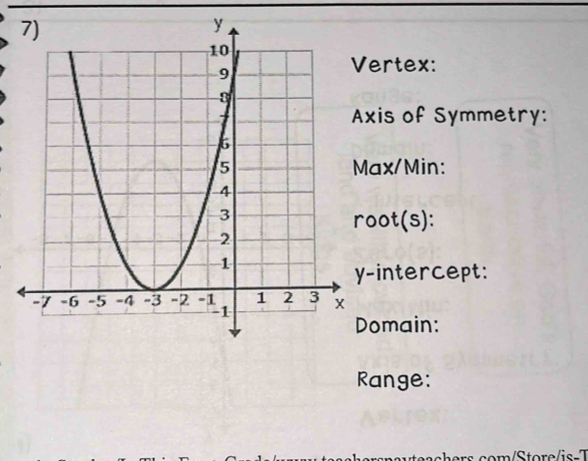 ertex: 
xis of Symmetry:
ax/Min : 
oot(s): 
-intercept: 
omain: 
Range: