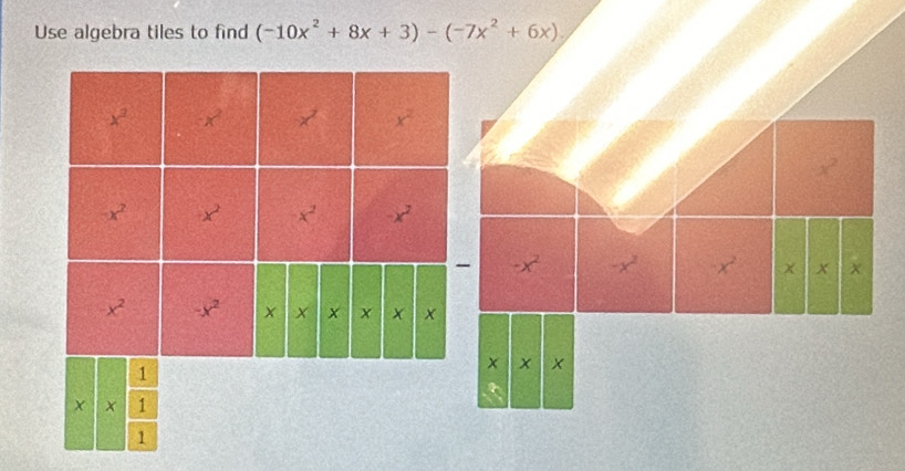 Use algebra tiles to find (-10x^2+8x+3)-(-7x^2+6x).