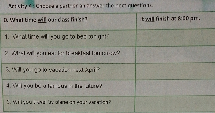 Activity 4 : Choose a partner an answer the next questions.
0