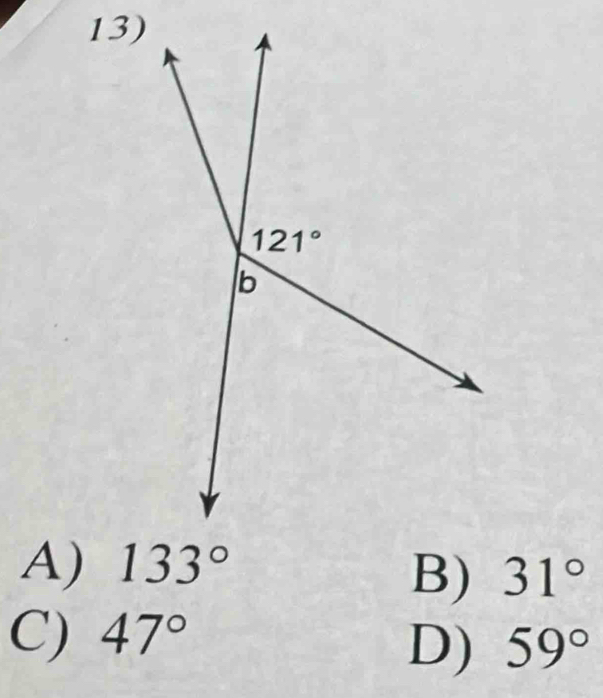 A) 133°
B) 31°
C) 47°
D) 59°