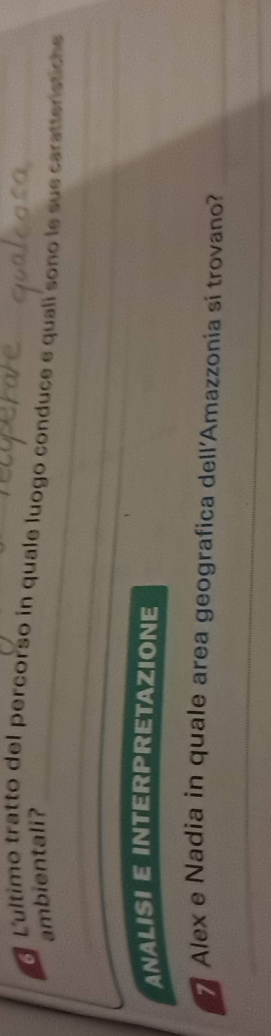 Lultimo tratto del percorso in quale luogo conduce e quali sono le sue carattenstice 
ambientali? 
_ 
_ 
ANALISI E INTERPRETAZIONE 
Alex e Nadia in quale area geografica dell'Amazzonia sí trovano?_ 
_