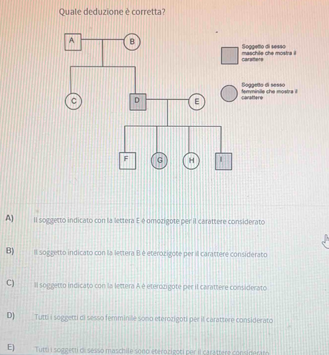 Quale deduzione è corretta?
A) ll soggetto indicato con la lettera E è omozigote per il carattere considerato
B) Il soggetto indicato con la lettera B è eterozigote per il carattere consíderato
C) II soggetto indicato con la lettera A è eterozigote per il carattere considerato
D) Tutti i soggetti di sesso femminile sono eterozigoti per il carattere considerato
E) Tutti i soggetti di sesso maschile sono eterozigoti per il carattere considerato