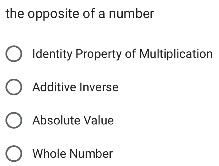 the opposite of a number
Identity Property of Multiplication
Additive Inverse
Absolute Value
Whole Number