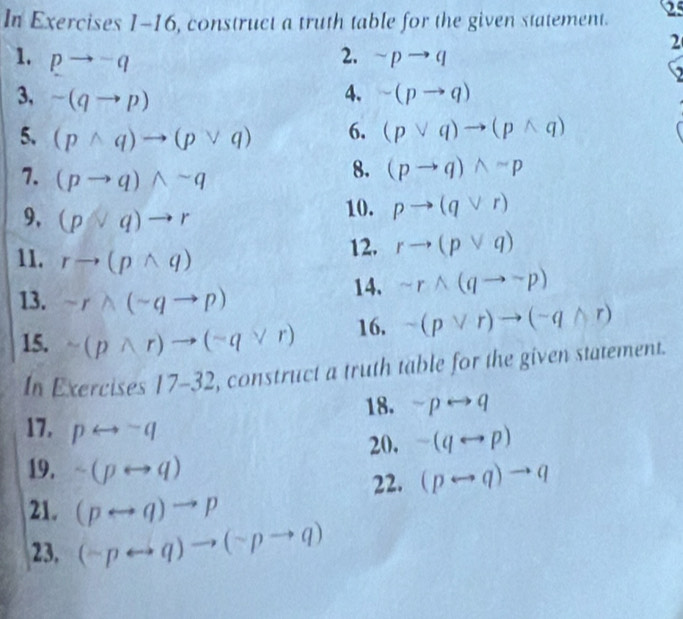 In Exercises 1-16, construct a truth table for the given statement. 25 
2 
2. 
1. pto -q sim pto q
3, sim (qto p)
4. sim (pto q)
5. (pwedge q)to (pvee q) 6. (pvee q)to (pwedge q)
7. (pto q)wedge sim q
8. (pto q)wedge sim p
9. (pvee q)to r
10. pto (qvee r)
11. rto (pwedge q)
12. rto (pvee q)
13. sim rwedge (sim qto p) 14. sim rwedge (qto sim p)
15. sim (pwedge r)to (neg qvee r) 16. sim (pvee r)to (neg qwedge r)
In Exercises 17-32 , construct a truth table for the given statement. 
18. sim prightarrow q
17. prightarrow^(sim)q
20. -(qrightarrow p)
19. sim (prightarrow q)
22. (prightarrow q)to q
21. (prightarrow q)to p
23. (sim prightarrow q)to (sim pto q)