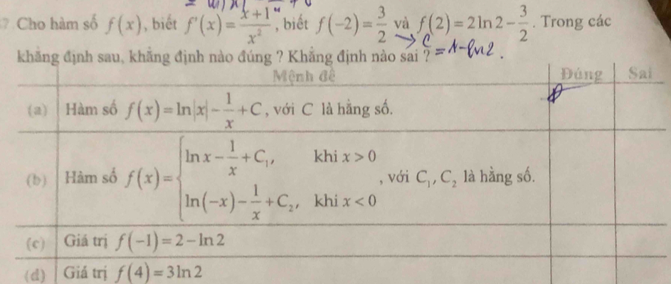 Cho hàm số f(x) , biết f'(x)= (x+1)/x^2  , biết f(-2)= 3/2  và f(2)=2ln 2- 3/2 . Trong các
(d) Giá trị f(4)=3ln 2