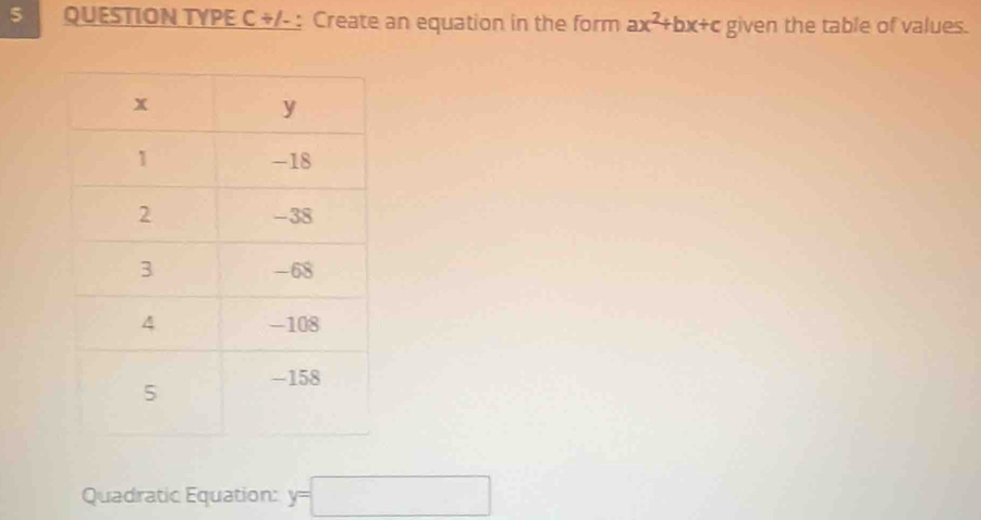 QUESTION TYPE C +/- : Create an equation in the form ax^2+bx+c given the table of values. 
Quadratic Equation: y=□