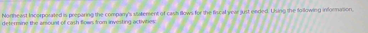 Northeast Incorporated is preparing the company's statement of cash flows for the fiscal year just ended. Using the following information, 
determine the amount of cash flows from investing activities: