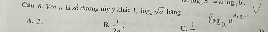 D. log _ab^-=alpha log _ab. 
Câu 6. Với a là : Swidehat O dương tùy ý khác 1, log _asqrt(a) bằng
A. 2. B.  1/2a . C. frac 1.