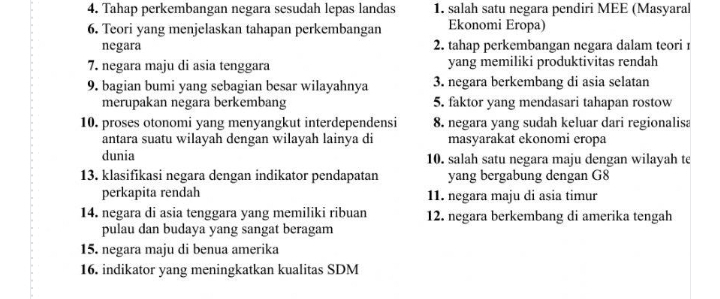 Tahap perkembangan negara sesudah lepas landas 1. salah satu negara pendiri MEE (Masyaral 
6. Teori yang menjelaskan tahapan perkembangan Ekonomi Eropa) 
negara 2. tahap perkembangan negara dalam teori 1 
7. negara maju di asia tenggara yang memiliki produktivitas rendah 
9. bagian bumi yang sebagian besar wilayahnya 3. negara berkembang di asia selatan 
merupakan negara berkembang 5. faktor yang mendasari tahapan rostow 
10. proses otonomi yang menyangkut interdependensi 8. negara yang sudah keluar dari regionalisa 
antara suatu wilayah dengan wilayah lainya di masyarakat ekonomi eropa 
dunia 10. salah satu negara maju dengan wilayah te 
13. klasifikasi negara dengan indikator pendapatan yang bergabung dengan G8 
perkapita rendah 11. negara maju di asia timur 
14. negara di asia tenggara yang memiliki ribuan 12. negara berkembang di amerika tengah 
pulau dan budaya yang sangat beragam 
15. negara maju di benua amerika 
16. indikator yang meningkatkan kualitas SDM