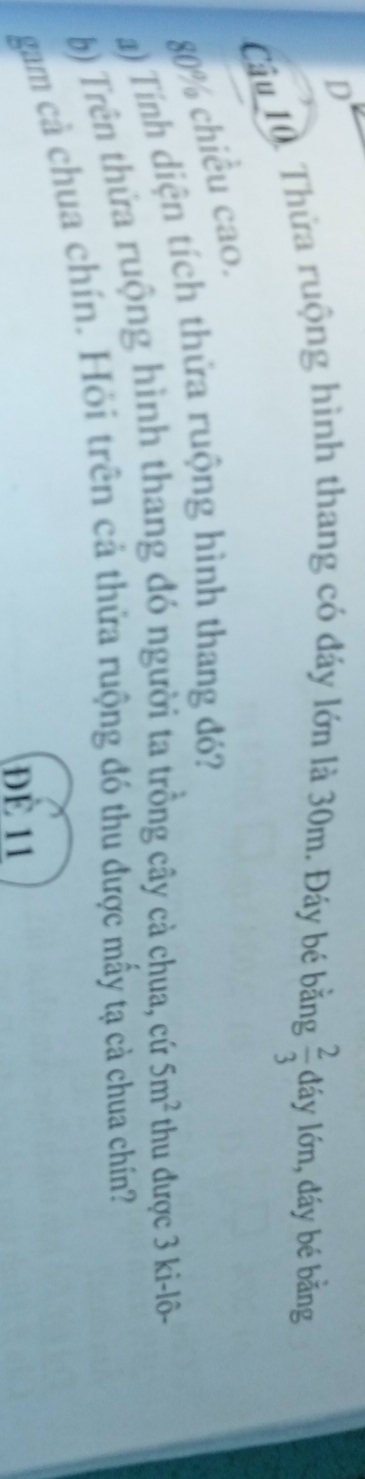 Thửa ruộng hình thang có đáy lớn là 30m. Đáy bé bằng  2/3  dáy lớn, đáy bé bằng
80% chiều cao. 
a) Tính diện tích thứa ruộng hình thang đó? 
b) Trên thứa ruộng hình thang đó người ta trồng cây cà chua, cứ 5m^2 thu được 3 ki-lô- 
gam cả chua chín. Hỏi trên cả thứa ruộng đó thu được mấy tạ cả chua chín? 
ĐÉ 11