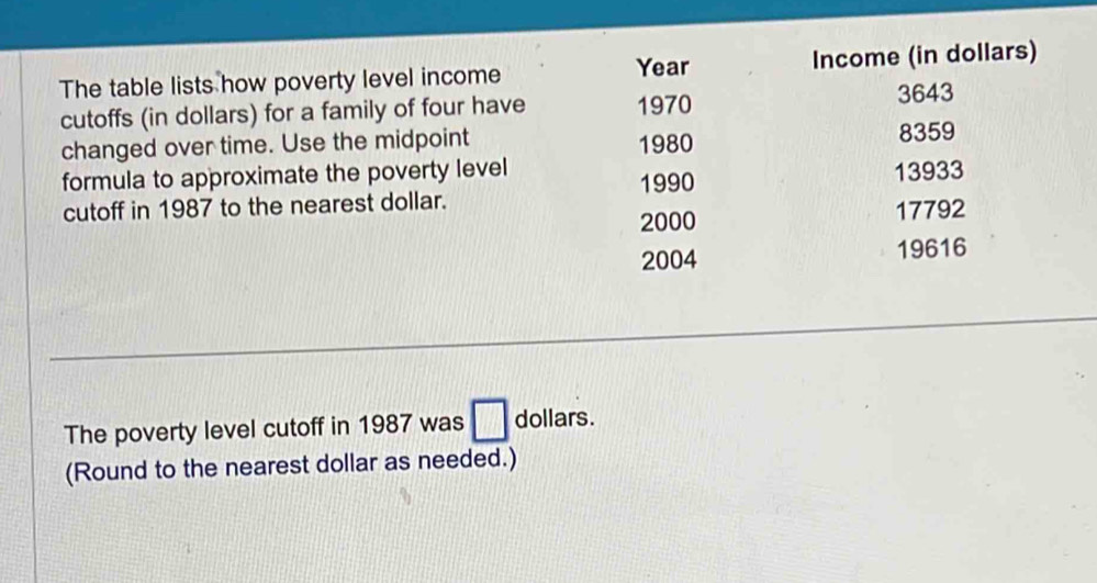 Year
The table lists how poverty level income Income (in dollars) 
cutoffs (in dollars) for a family of four have 1970
3643
changed over time. Use the midpoint 1980 8359
formula to approximate the poverty level 1990 
cutoff in 1987 to the nearest dollar. 13933
2000 17792
2004 19616
The poverty level cutoff in 1987 was dollars. 
(Round to the nearest dollar as needed.)