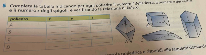 Completa la tabella indicando per ogni poliedro il numero f delle facce, il numero v dei vertici 
e il numero s degli spigoli, e verificando la relazione di Eulero. 

toa oiedrica e rispondi alle seguenti domande