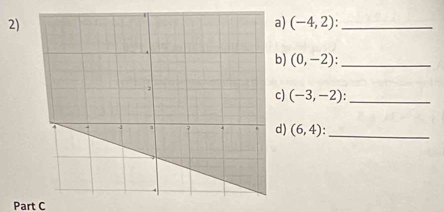 (-4,2) _ 
b) (0,-2)._ 
c) (-3,-2)._ 
d) (6,4) : _ 
Part C